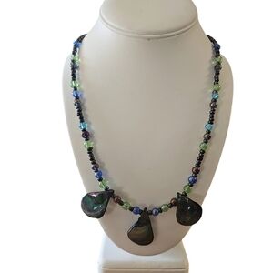 Snowflake & Ice Pendant Necklace  Iridescent Beaded Water Shell Winter Jewelry